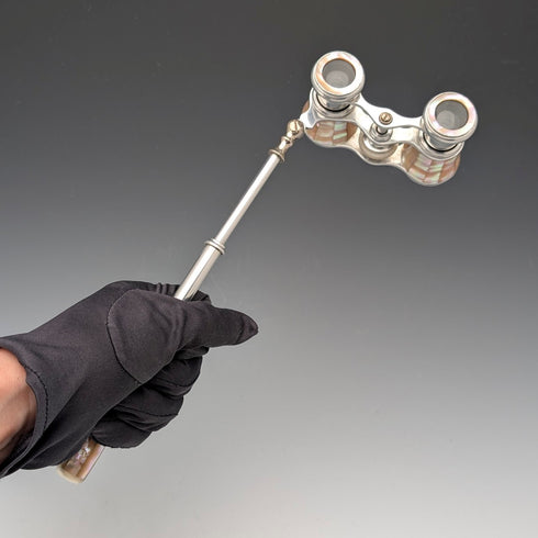 1900年頃 フレンチアンティーク 白蝶貝装飾 ハンドル付きオペラグラス 双眼鏡